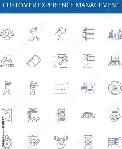 Customer experience management line icons signs set. Design collection of Customer, Experience, Management, Improvement, Engagement, Feedback, Data, Processes outline concept vector illustrations