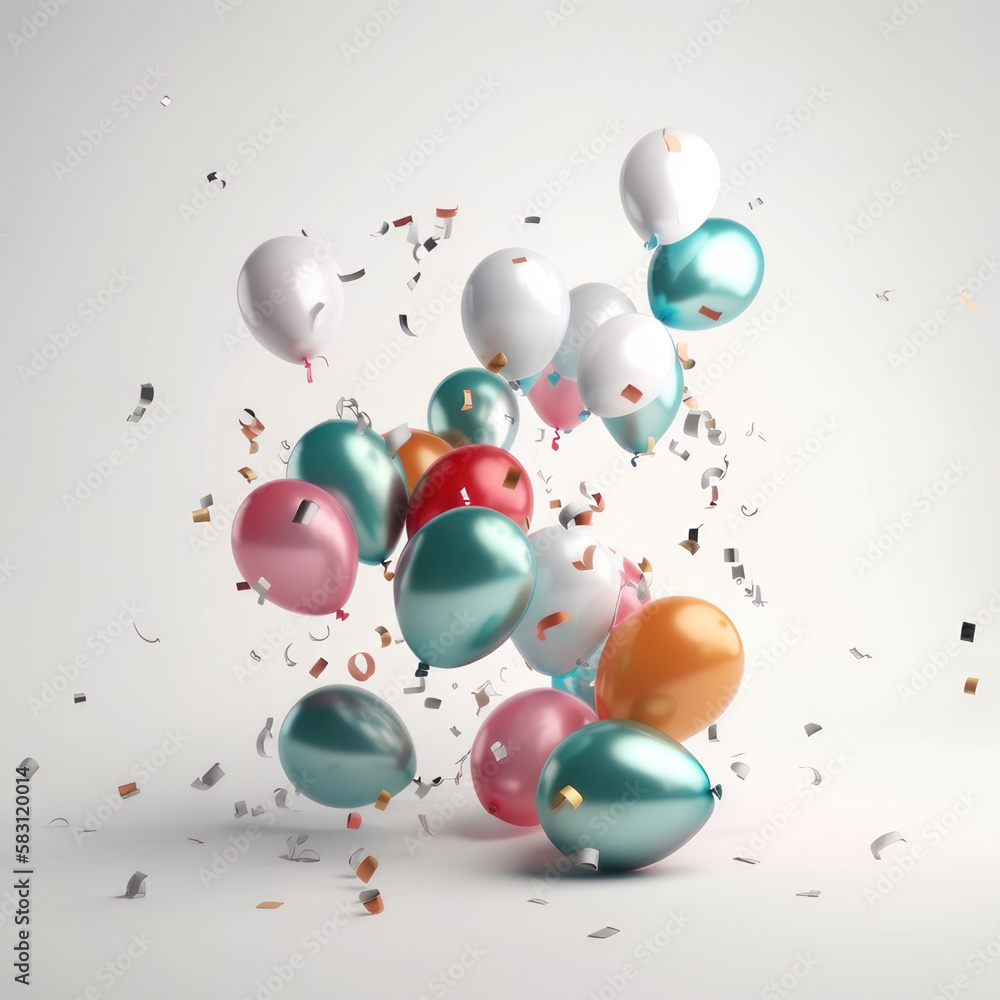 Colored balloons and confetti on a light background. AI generative Colored balloons and confetti on a light background. AI generative