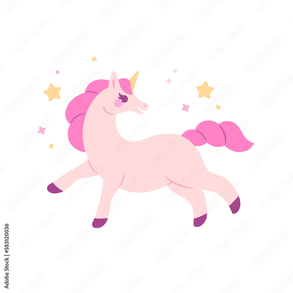 Cartoon fabulous unicorn character. Kawaii funny face. Stylized vector element for prints, clothing, pattern, packaging and postcards.