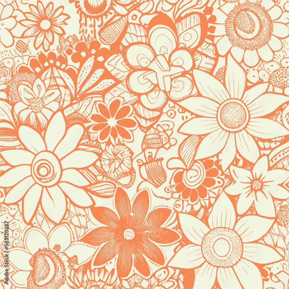 Groovy hippie 70s element in trendy flower and psychedelic style seamless vector pattern Groovy hippie 70s element in trendy flower and psychedelic style seamless vector pattern
