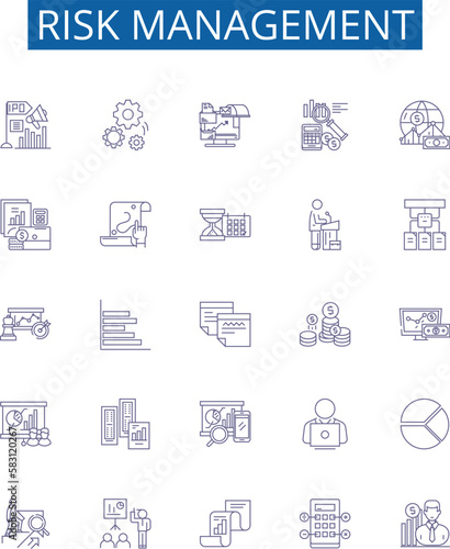 Risk management line icons signs set. Design collection of Risk, Management, Planning, Analysis, Assessment, Mitigation, Evaluation, Control outline concept vector illustrations