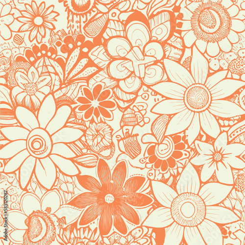 Groovy hippie 70s element in trendy flower and psychedelic style seamless vector pattern 