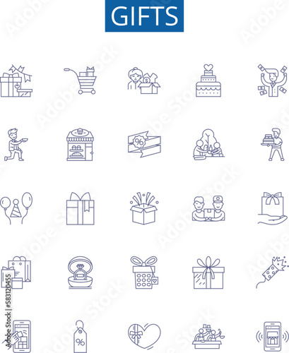 Gifts line icons signs set. Design collection of Presents, Favors, Souvenirs, Offerings, Tokens, Bonuses, Packages, Gratuity outline concept vector illustrations