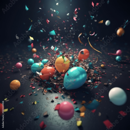 Air balloons and colored confetti on a dark background. AI generative.