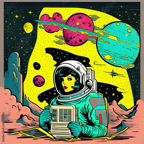 Book and astronaut, science fiction. Pop art retro vector illustration comic cartoon vintage kitsch drawing 8k - generative ai