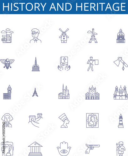 History and heritage line icons signs set. Design collection of Heritage, History, Culture, Ancestry, Tradition, Legacy, Memory, Ancestors outline concept vector illustrations