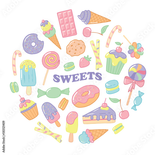 set of cute hand drawn sweet desserts, cartoon snacks, fast food. Good for prints, stickers, pins, sublimation, clip art, cards, etc. EPS 10