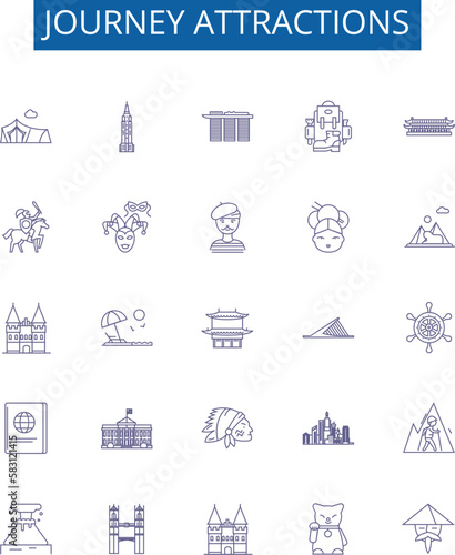 Journey attractions line icons signs set. Design collection of Destinations, Sightseeing, Adventure, Exploration, Escapade, Touring, Roam, Excursion outline concept vector illustrations