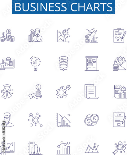 Business charts line icons signs set. Design collection of Charts, Business, Graphs, Statistics, Trends, Visuals, Histograms, Tables outline concept vector illustrations