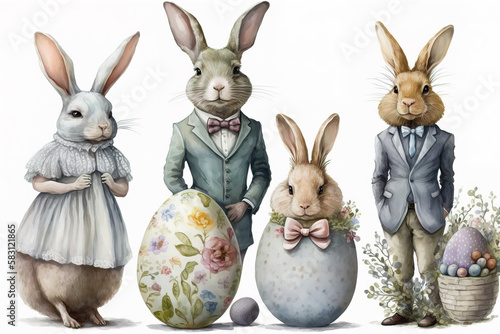 Elegant easter bunny and friends, beautiful watercolor art, (generated ai)