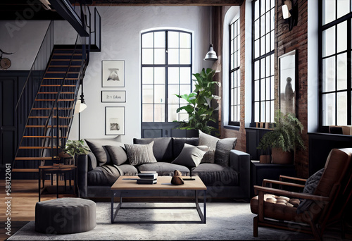 Living room loft in industrial style ,3d render. Generate Ai. © AI_images