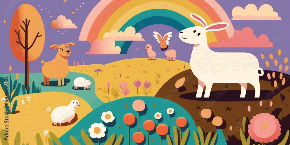 Naklejka premium Joyful Jaunt: Spring Background Aesthetic with Cheerful Colors and Happy Animals