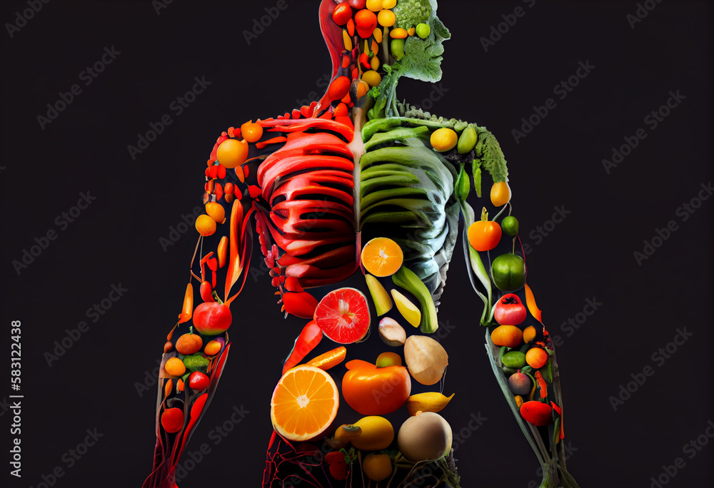 Healthy nutrition and diet concept. Human body made of fresh fruits and vegetables. Generate Ai.