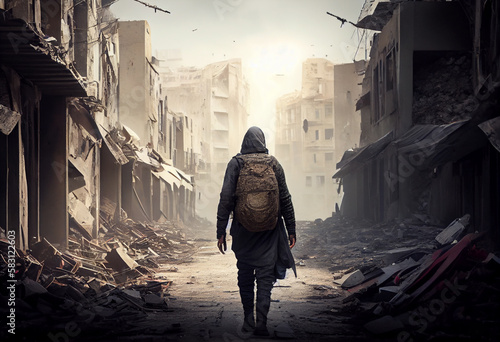 A refugee and displaced by war or a natural disaster walking through the streets of a destroyed city. Generate Ai.