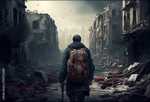 A refugee and displaced by war or a natural disaster walking through the streets of a destroyed city. Generate Ai.