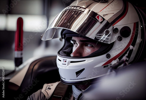 F1 driver inside his car with the helmet and the competition suit prepared for the race. Generate Ai.