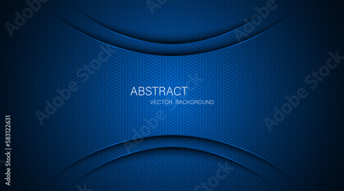 Abstract blue steel mesh background with blue glowing lines with free space for design. Modern technology innovation concept background. Perforated dark blue metal sheet for background image.
