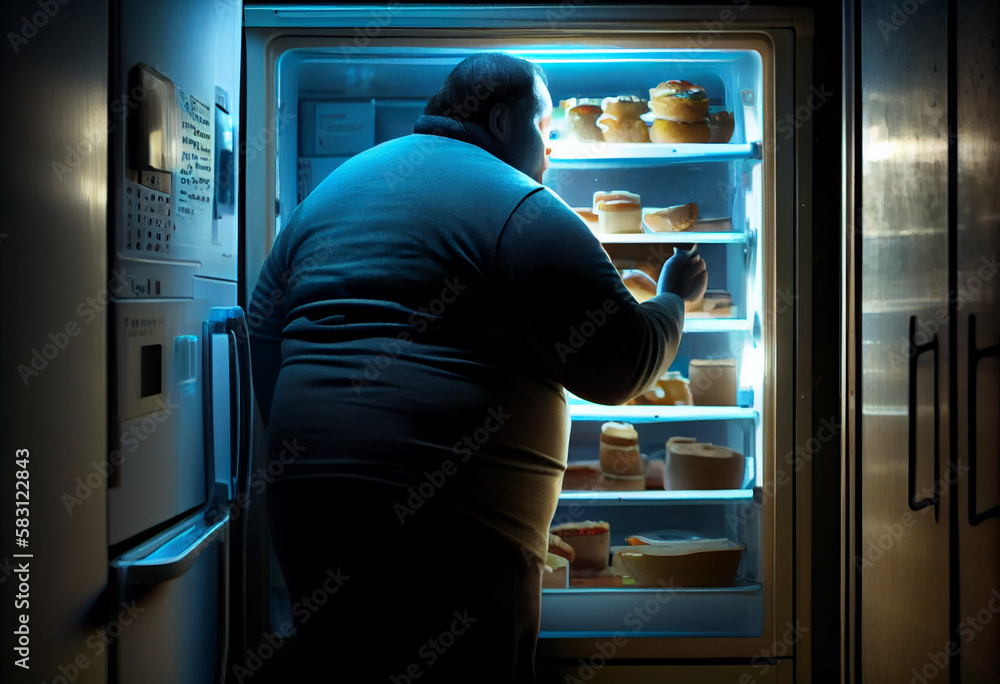 hungry obese man looking at food in the fridge at home at night. Generate Ai. hungry obese man looking at food in the fridge at home at night. Generate Ai.