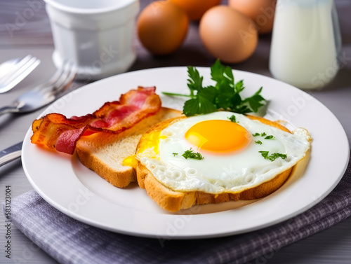 White plate with traditional breakfast on a napkin. Toasts with fried egg and bacon. Eggs and cup at backdrop. Close up. Generative AI.