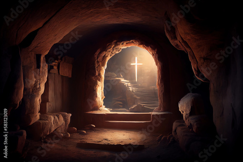 Fotografia Jesus is risen, illustration of an empty tomb from inside, with a cross in the background
