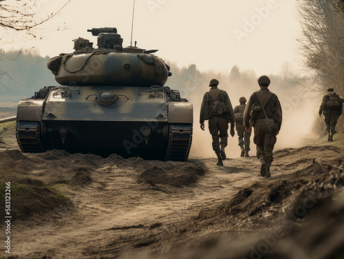 Military men walking by the dirt ruined road. Huge tank going by the field near the soldiers. Generative AI.