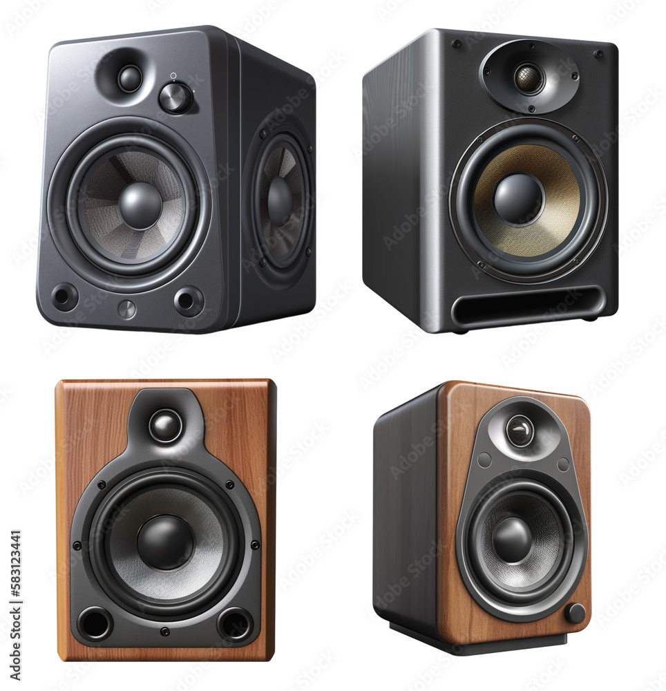 Collection of four different old desktop pc speakers from the first generation, Generative AI Collection of four different old desktop pc speakers from the first generation, Generative AI