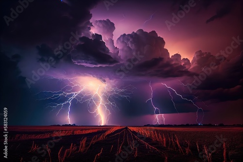stormy sky with lightning bolts illuminating the sky in dramatic fashion, created with generative ai photo