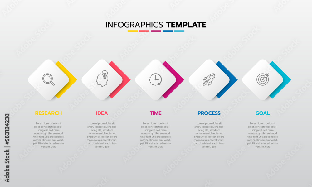 Business infographic template process with simple geometry square, rectangle, circle, triangle, curves in flat design template with thin line icons and 5 options or steps. Vector illustration. Business infographic template process with simple geometry square, rectangle, circle, triangle, curves in flat design template with thin line icons and 5 options or steps. Vector illustration.