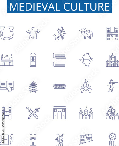 Medieval culture line icons signs set. Design collection of Knights, Chivalry, Feudalism, Monarchy, Heraldry, Castles, Courts, Religion outline concept vector illustrations