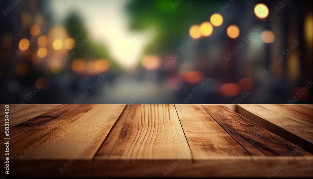 Realistic wooden board, wooden plank with unfocused nature background, Generative AI Realistic wooden board, wooden plank with unfocused nature background, Generative AI