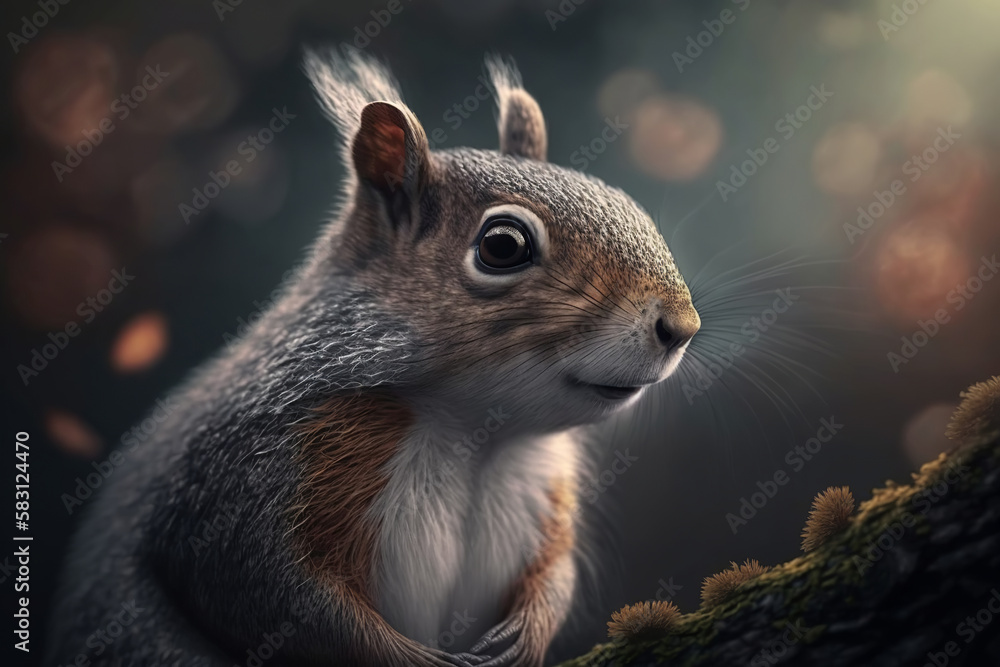 Cute brown furry squirrel with ears, funny rodent sitting on branch outdoors. Animal illustration created by generative ai Cute brown furry squirrel with ears, funny rodent sitting on branch outdoors. Animal illustration created by generative ai
