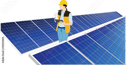 Solar thermal panel engineer wearing hard hat checking and inspecting Solar power plant maintenance, installation, and efficiency. Smart grid ecology energy sunlight alternative power factory concept. photo