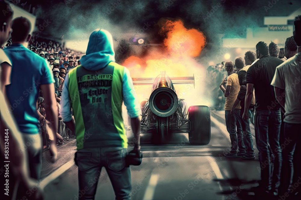 drag racing start, with camera close-up on drivers' reactions and ...