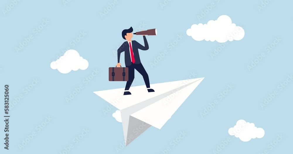 4k motion design of Business vision to see opportunity or strategy, confidence businessman leader on flying high paper plane looking forward through telescope. 4k motion design of Business vision to see opportunity or strategy, confidence businessman leader on flying high paper plane looking forward through telescope.