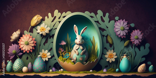 Retro Easter Scene Background with Bunny  Egg and Flower Decor     Professional