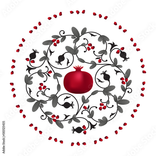 Mandala, a circular composition of pomegranate fruit, branches, seeds and decorative elements. Vector.