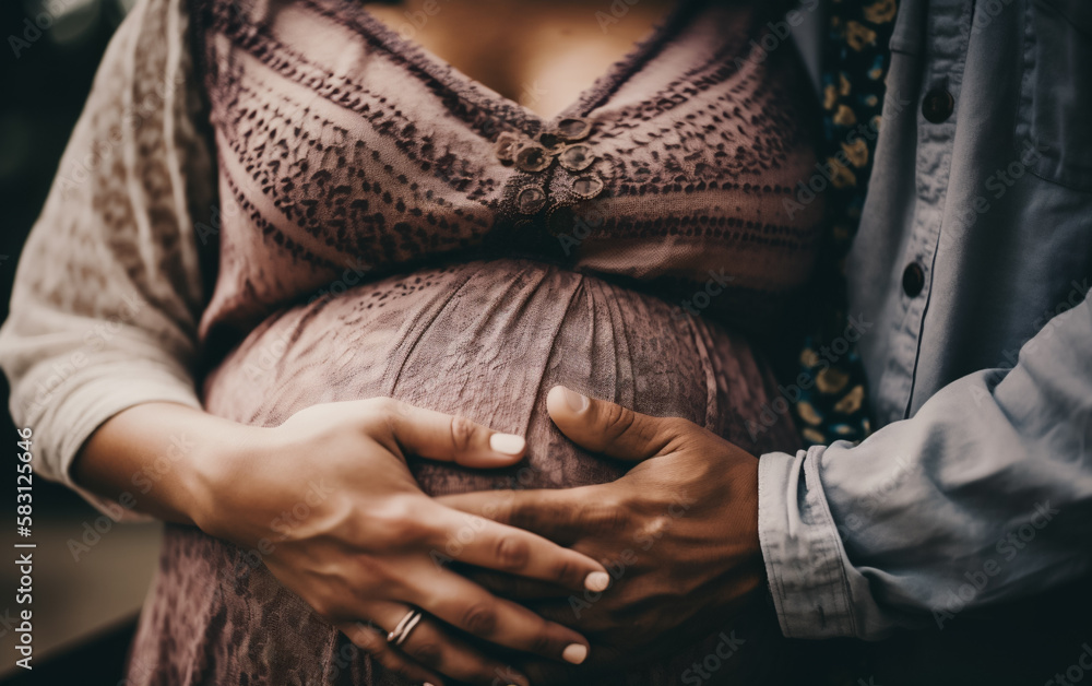 Fototapeta premium Close up of a Pregnant belly, with both the mothers and fathers hands touching the belly. Concept of parenthood and love. Shallow field of view. Illustrative Generative AI. Not real people.