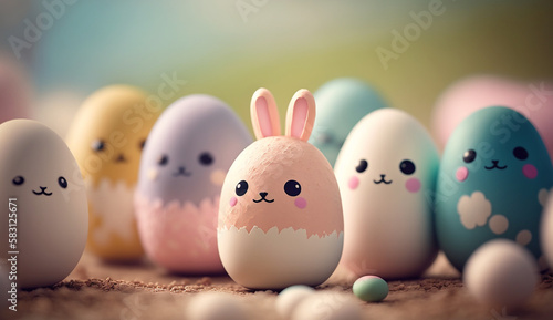 Kawaii easter bunny and easter eggs created with Generative AI
