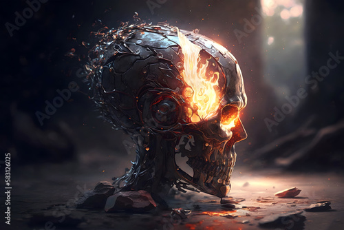 Burning skull in the dark. Artificial intelligence concept. Generative AI technology.