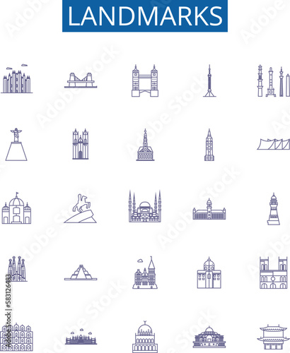 Landmarks line icons signs set. Design collection of Monuments, Statues, Structures, Buildings, Palaces, Ruins, Temples, Architecture outline concept vector illustrations