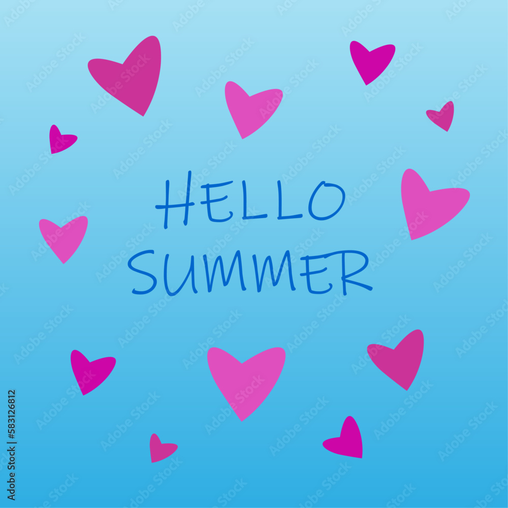 Background, greeting card with the inscription Hello summer, with pink hearts on a blue background. Vector image, illustration, graphic design for the design of websites and social networks.