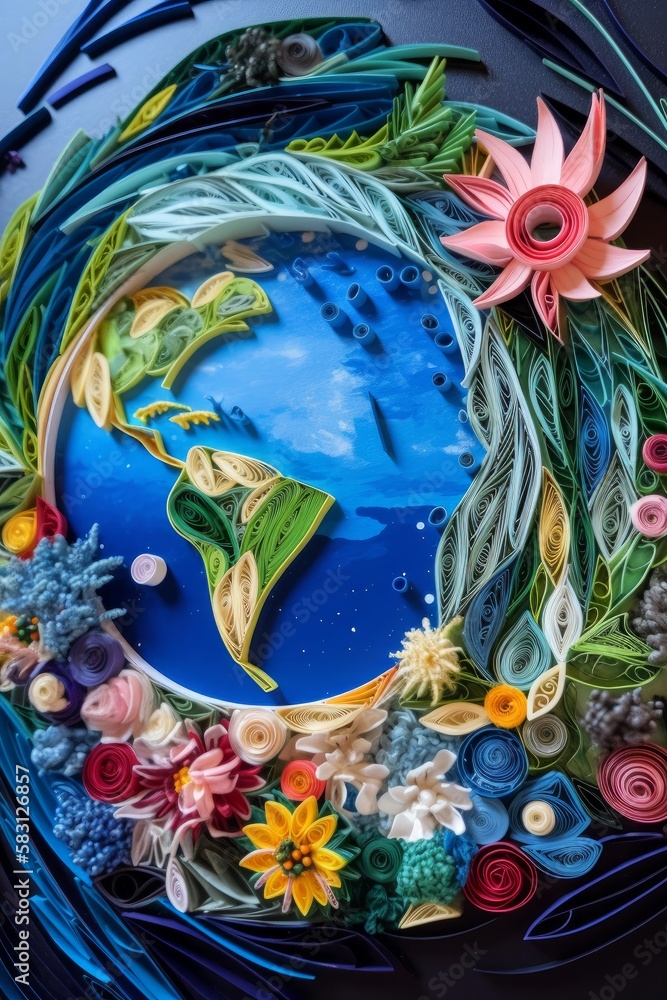 Colorful paper quilling art poster, Earth Day, planet Earth, globe
