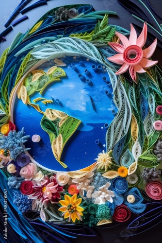 Colorful paper quilling art poster, Earth Day, planet Earth, globe  © George