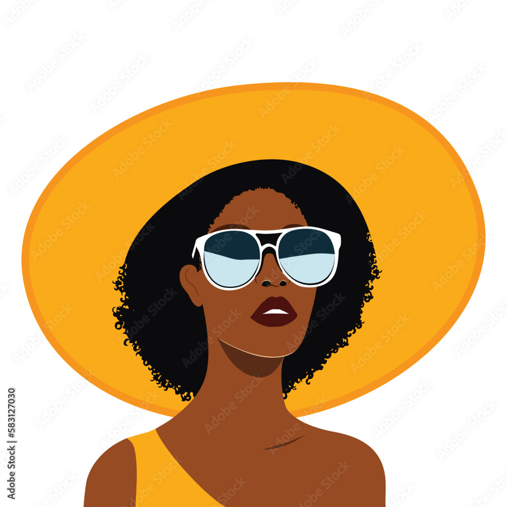 Portrait of a young beautiful black woman in yellow beach outfit wide brimmed sun hat and one-shoulder dress. Fashion summer vacation beauty concept Portrait of a young beautiful black woman in yellow beach outfit wide brimmed sun hat and one-shoulder dress. Fashion summer vacation beauty concept