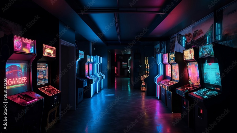 salle remplie de bornes d'arcade, années 80 - 90 - generative ai salle remplie de bornes d'arcade, années 80 - 90 - generative ai