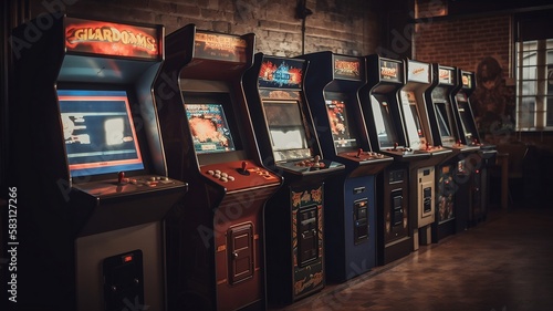 salle remplie de bornes d'arcade, années 80 - 90 - generative ai