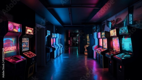 salle remplie de bornes d'arcade, années 80 - 90 - generative ai