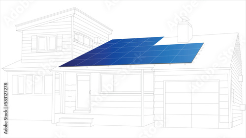 Front view of new modern house with Solar photovoltaic blue panels on a roof. Converts sunlight into usable  electricity . Renewable green energy production concept. Environment friendly power supply.