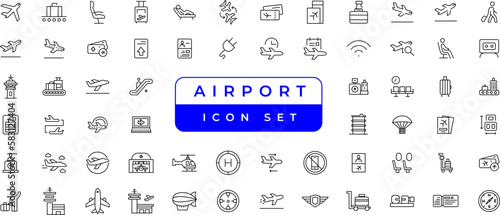 Airport vector line icon set. Contains linear outline icons like Plane, Ticket, Baggage, Seat, Wifi, Bag, Departure, Terminal, Passport, Transport, Luggage, Airplane