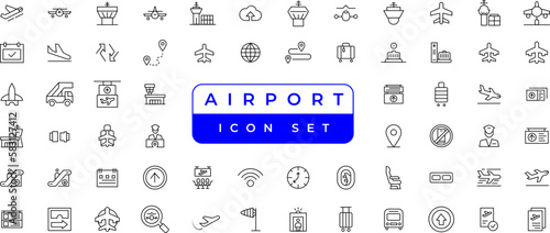 Airport vector line icon set. Contains linear outline icons like Plane, Ticket, Baggage, Seat, Wifi, Bag, Departure, Terminal, Passport, Transport, Luggage, Airplane